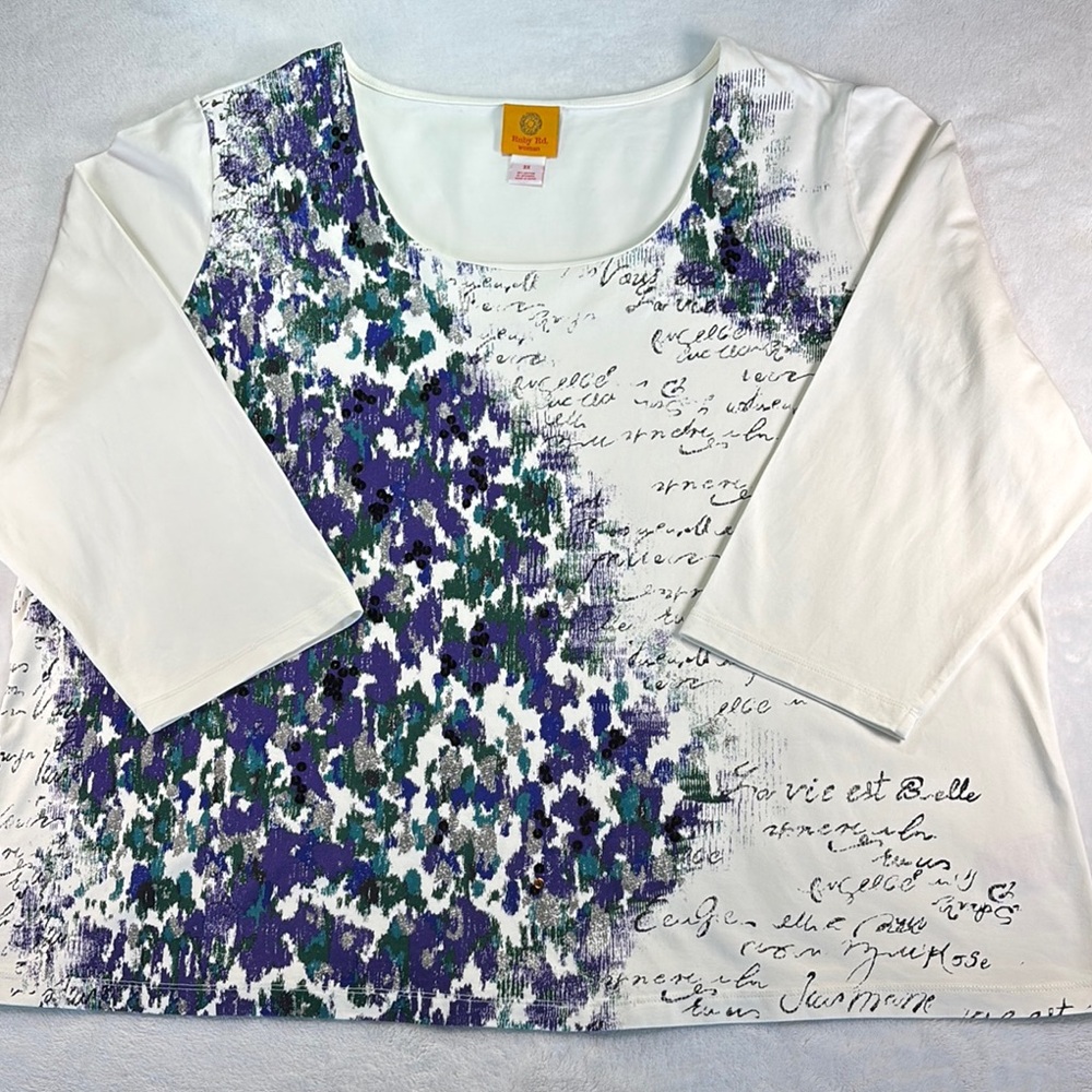 Ruby Rd Floral Script Sequin Top 3/4 Sleeve 3X - Picture 4 of 8